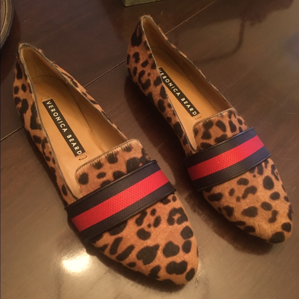 Veronica Beard Leopard Print Pointed Flats with Red and Navy Strap